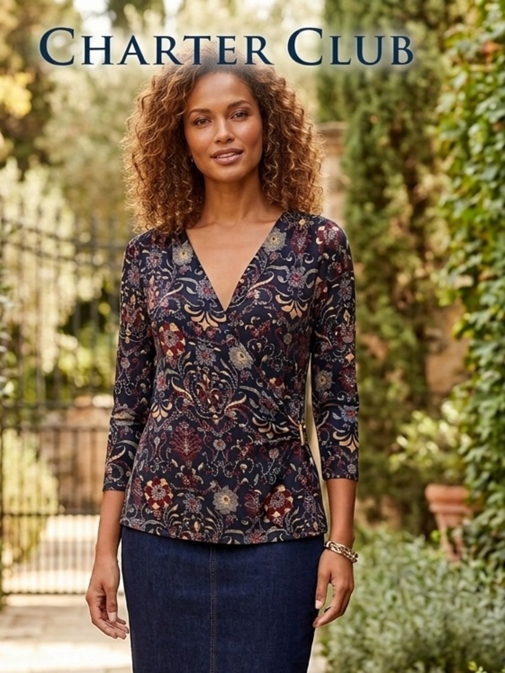 Charter Club Navy Floral V-Neck 3/4 Sleeve Top